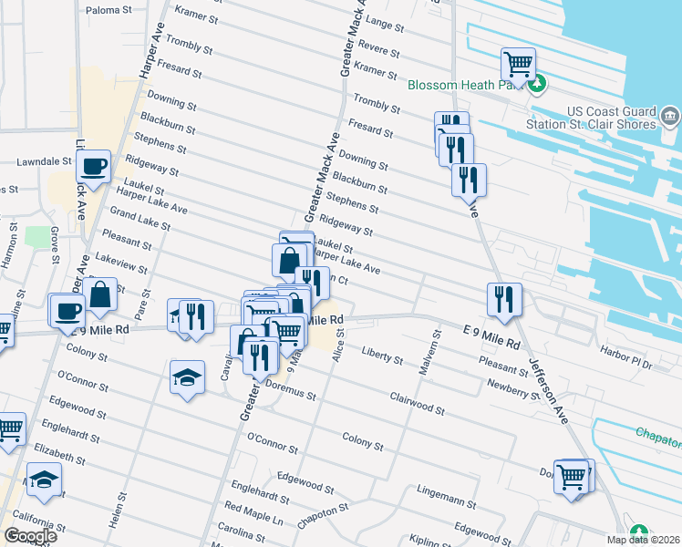 map of restaurants, bars, coffee shops, grocery stores, and more near 22419 Hanson Court in St. Clair Shores