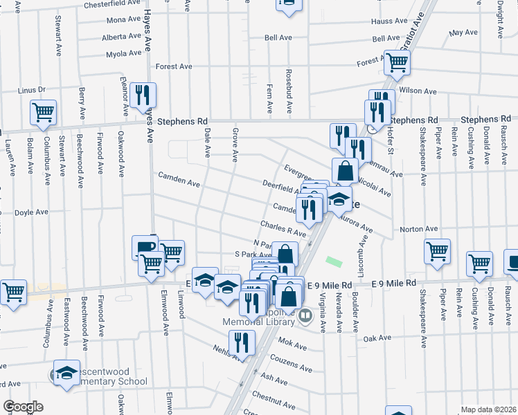map of restaurants, bars, coffee shops, grocery stores, and more near 15591 Charles R Avenue in Eastpointe