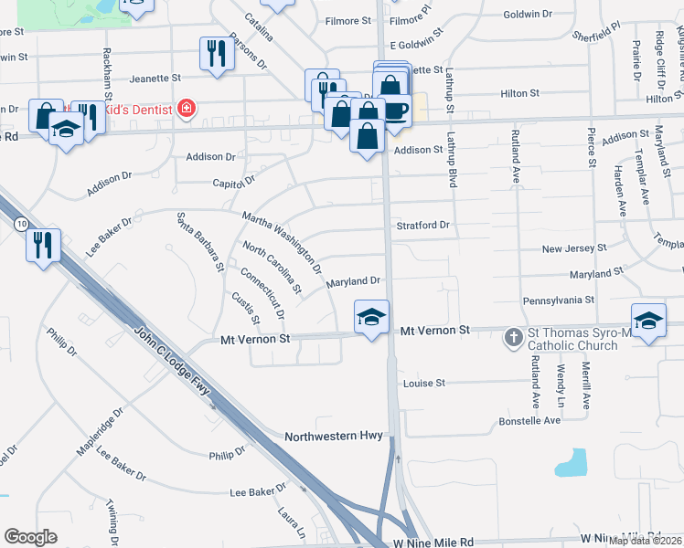 map of restaurants, bars, coffee shops, grocery stores, and more near 18280 Maryland Drive in Southfield