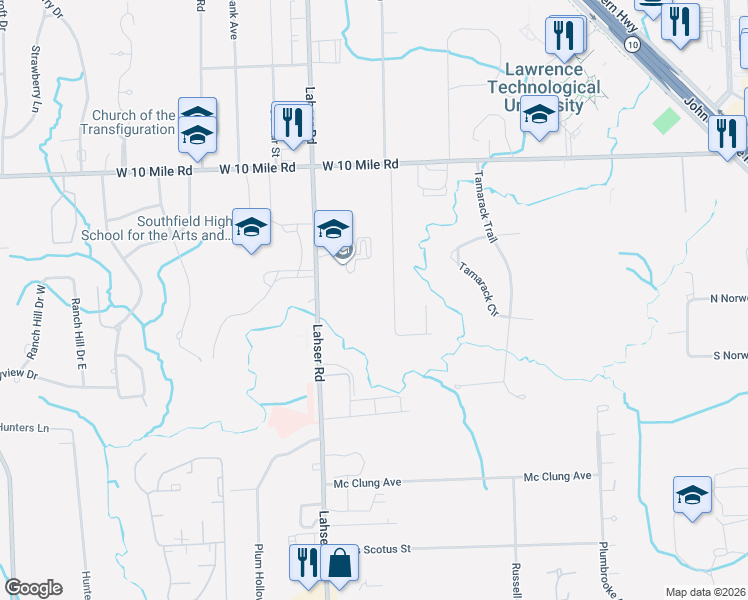 map of restaurants, bars, coffee shops, grocery stores, and more near 24453 Lois Lane in Southfield
