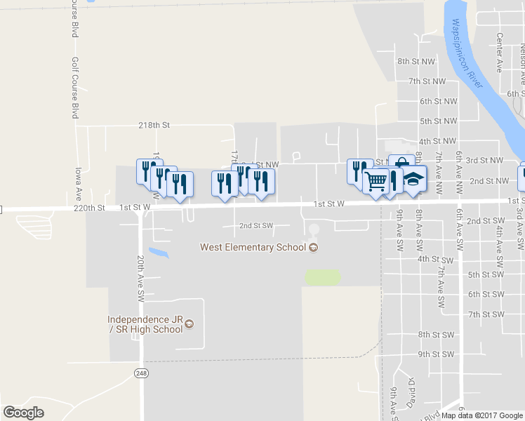 map of restaurants, bars, coffee shops, grocery stores, and more near 1507 1st Street West in Independence