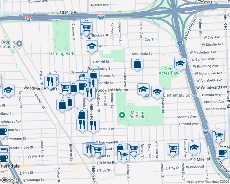 map of restaurants, bars, coffee shops, grocery stores, and more near 1730 Woodward Heights in Ferndale