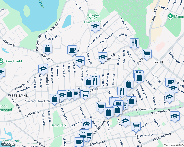 map of restaurants, bars, coffee shops, grocery stores, and more near 48 North Federal Street in Lynn