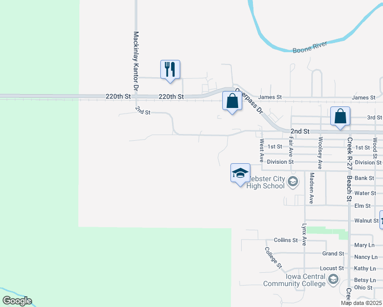 map of restaurants, bars, coffee shops, grocery stores, and more near 1812 2nd Street in Webster City