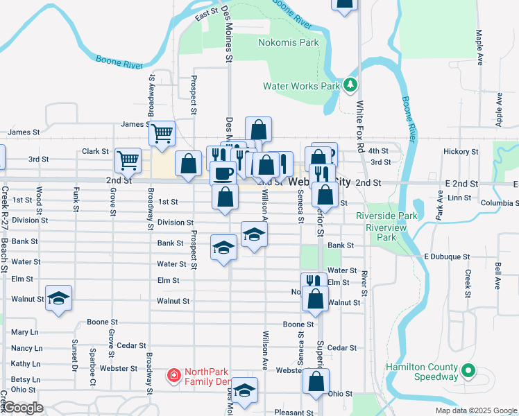 map of restaurants, bars, coffee shops, grocery stores, and more near 801 Willson Avenue in Webster City