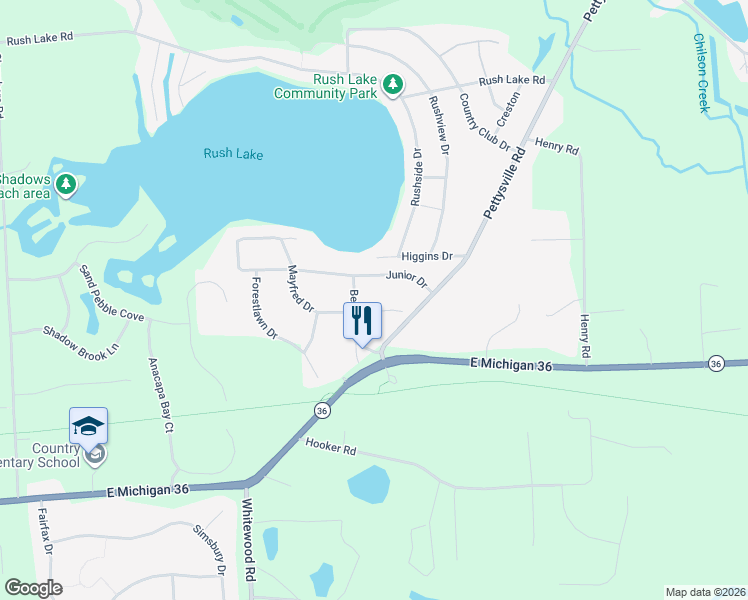 map of restaurants, bars, coffee shops, grocery stores, and more near 3527 Recreation in Pinckney