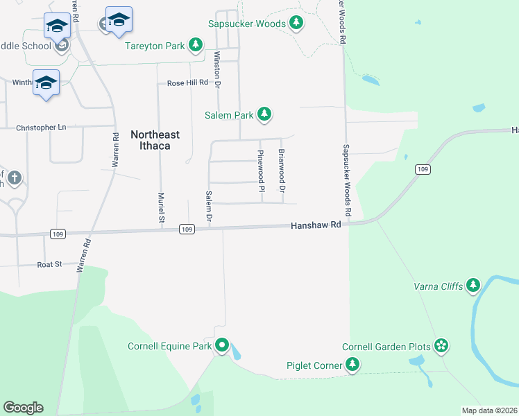 map of restaurants, bars, coffee shops, grocery stores, and more near 115 Birchwood Drive in Ithaca