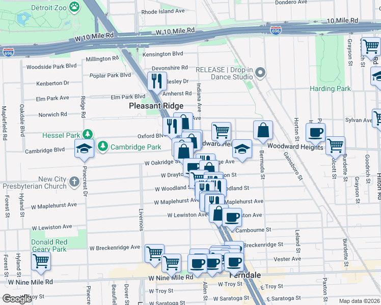 map of restaurants, bars, coffee shops, grocery stores, and more near 23622 Woodward Avenue in Pleasant Ridge