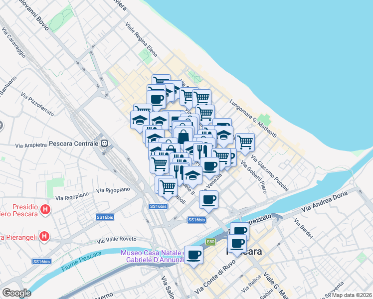 map of restaurants, bars, coffee shops, grocery stores, and more near 153 Via Firenze in Pescara