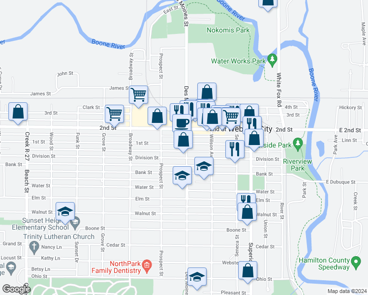 map of restaurants, bars, coffee shops, grocery stores, and more near 805 Des Moines Street in Webster City