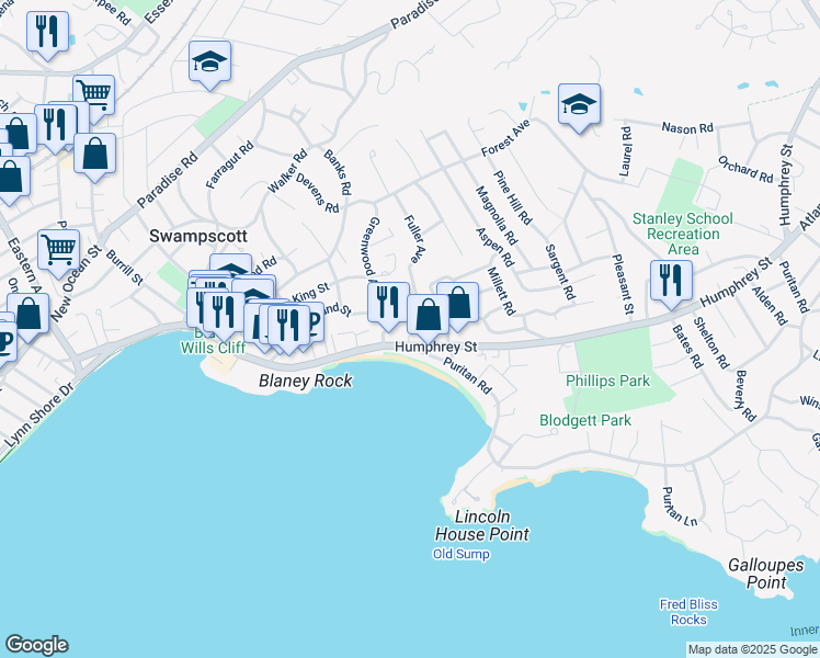 map of restaurants, bars, coffee shops, grocery stores, and more near 432 Humphrey Street in Swampscott