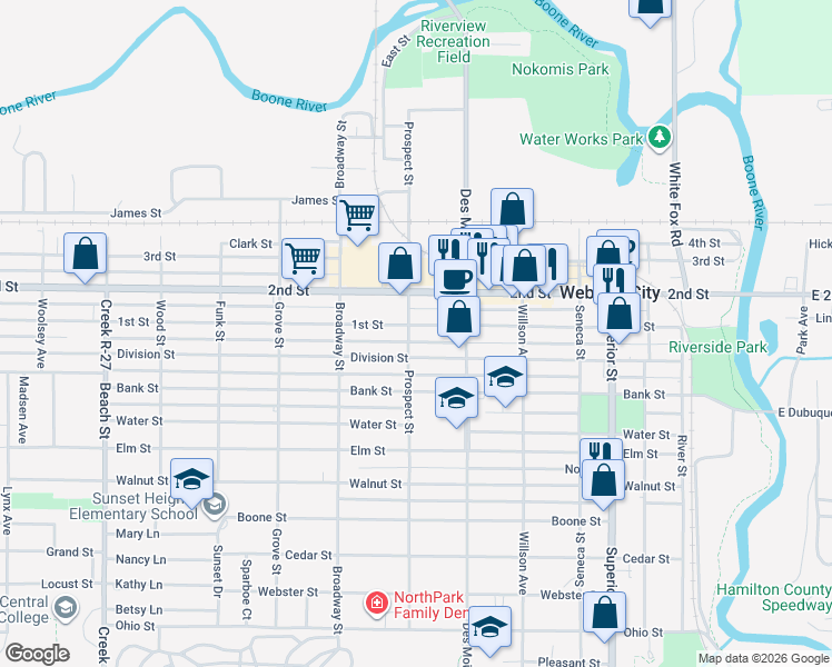 map of restaurants, bars, coffee shops, grocery stores, and more near 744 1st Street in Webster City