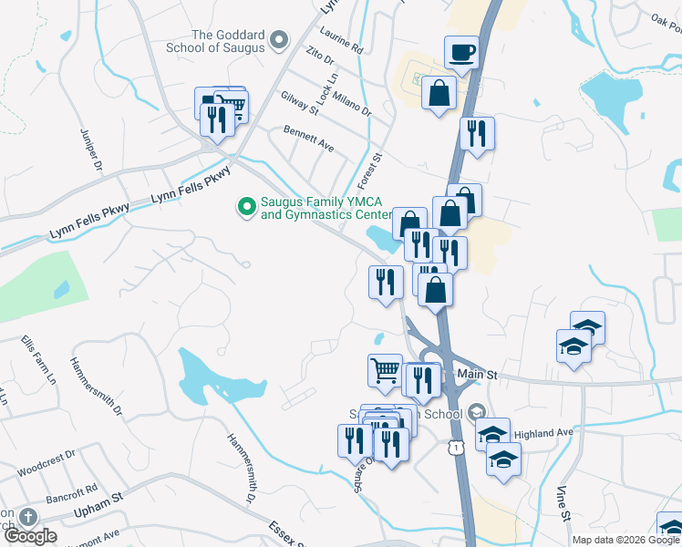 map of restaurants, bars, coffee shops, grocery stores, and more near 1 Founders' Way in Saugus