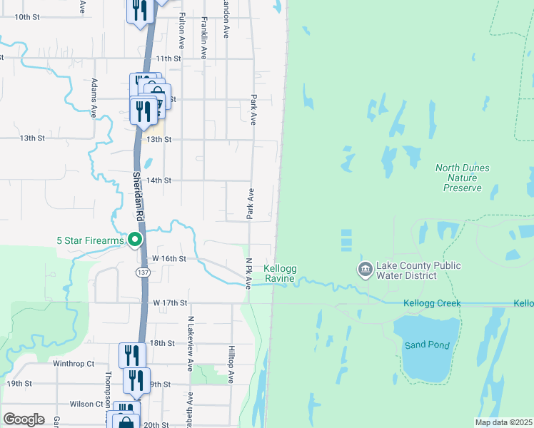 map of restaurants, bars, coffee shops, grocery stores, and more near 1440 East Road in Winthrop Harbor