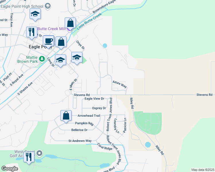 map of restaurants, bars, coffee shops, grocery stores, and more near 653 Stevens Road in Eagle Point