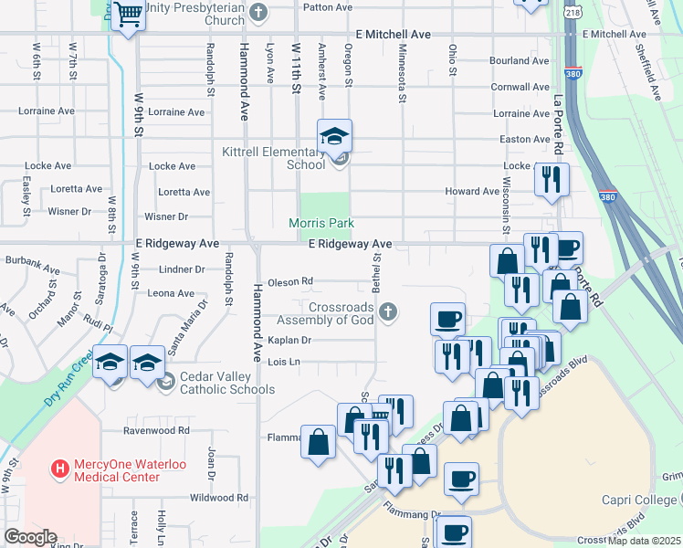 map of restaurants, bars, coffee shops, grocery stores, and more near 1151 Oleson Road in Waterloo