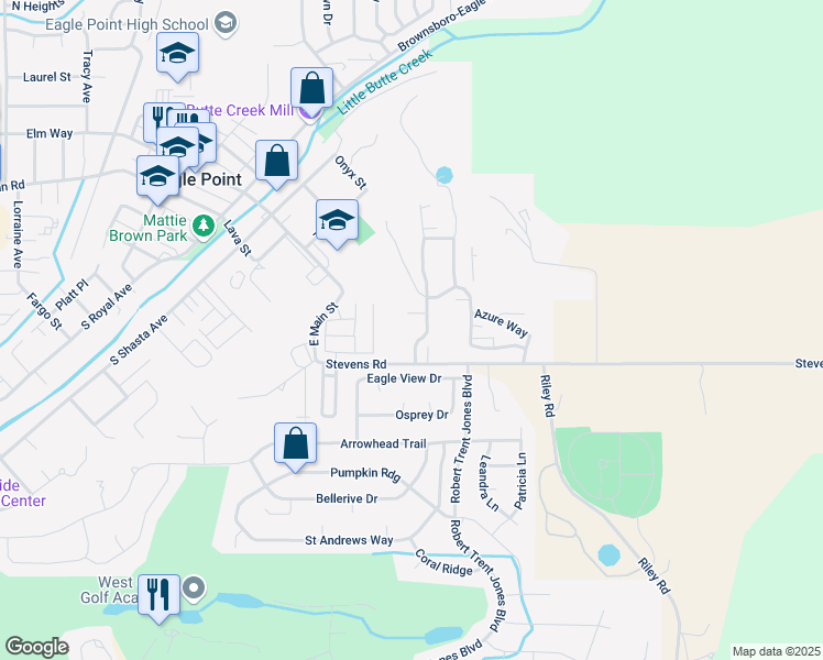 map of restaurants, bars, coffee shops, grocery stores, and more near 35 Bridgeport Drive in Eagle Point