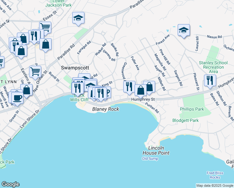 map of restaurants, bars, coffee shops, grocery stores, and more near 9 Humphrey Terrace in Swampscott