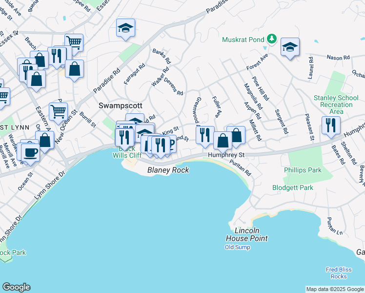 map of restaurants, bars, coffee shops, grocery stores, and more near 9 Humphrey Terrace in Swampscott