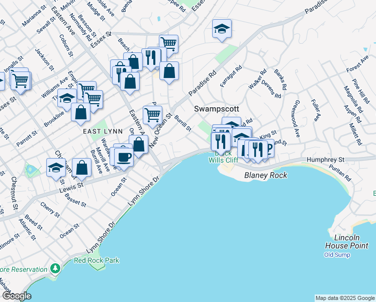 map of restaurants, bars, coffee shops, grocery stores, and more near 44 Humphrey Street in Swampscott