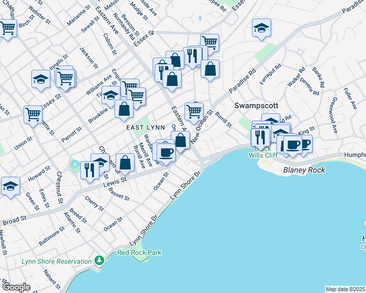map of restaurants, bars, coffee shops, grocery stores, and more near 47-49 Ocean Street in Lynn