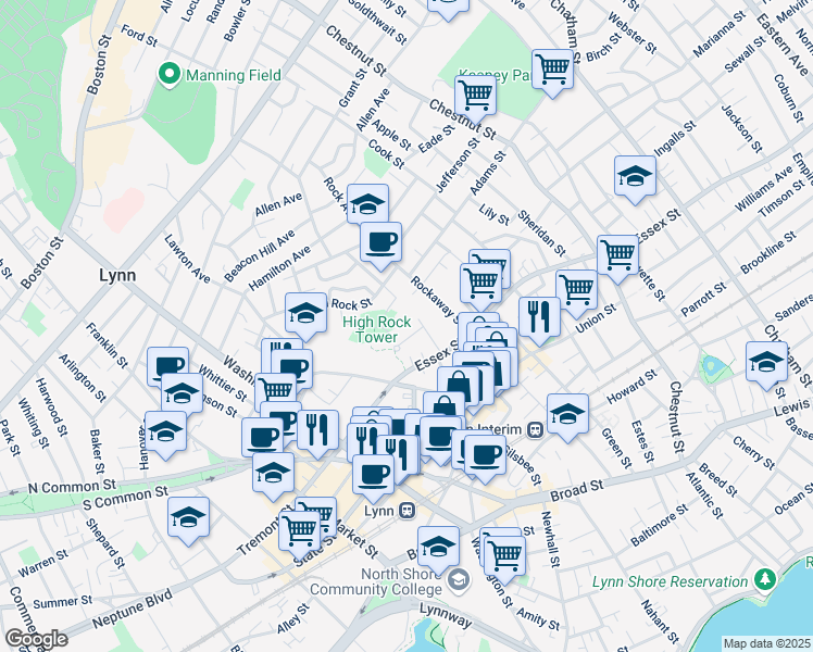 map of restaurants, bars, coffee shops, grocery stores, and more near 17 Hutchinsons Court in Lynn