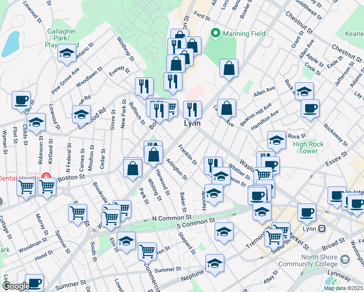 map of restaurants, bars, coffee shops, grocery stores, and more near 121 Franklin Street in Lynn
