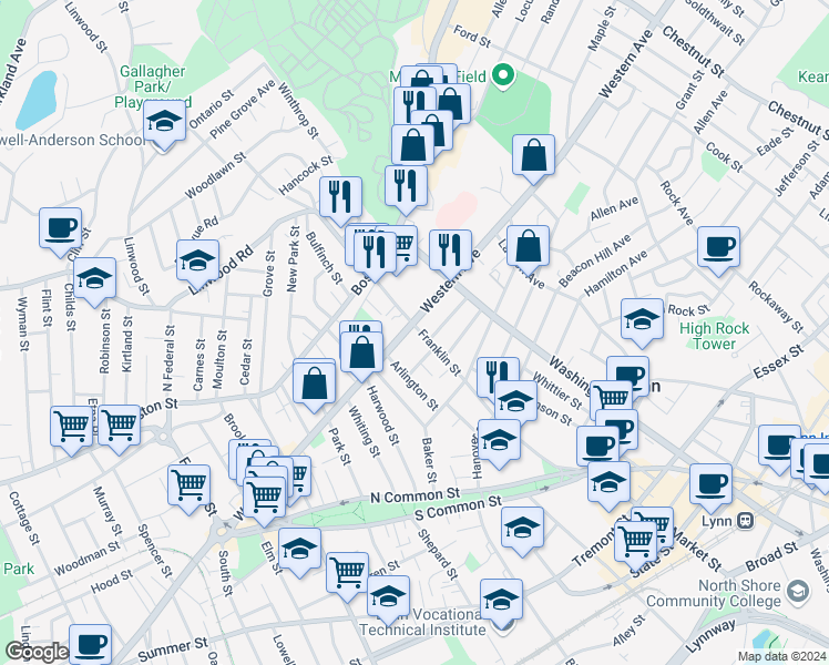 map of restaurants, bars, coffee shops, grocery stores, and more near 534 Western Avenue in Lynn