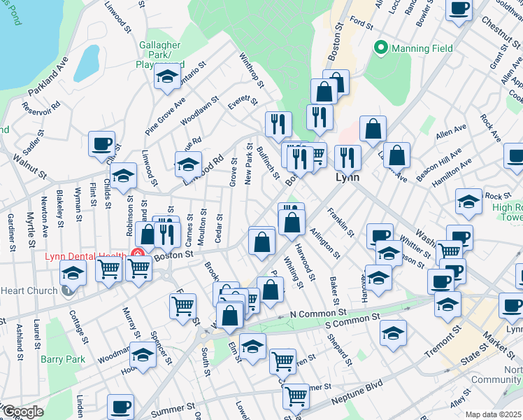 map of restaurants, bars, coffee shops, grocery stores, and more near 296 Boston Street in Lynn