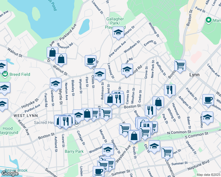 map of restaurants, bars, coffee shops, grocery stores, and more near 74 Kirtland Street in Lynn