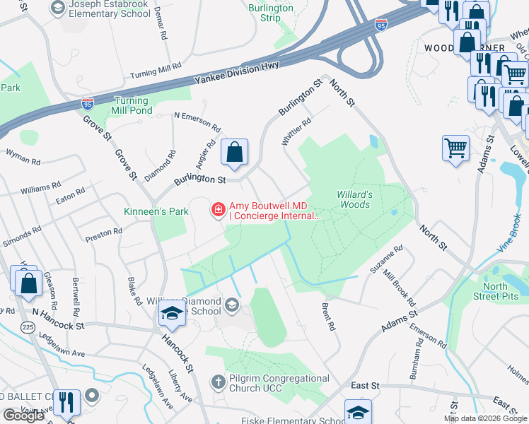 map of restaurants, bars, coffee shops, grocery stores, and more near 11 Longfellow Road in Lexington