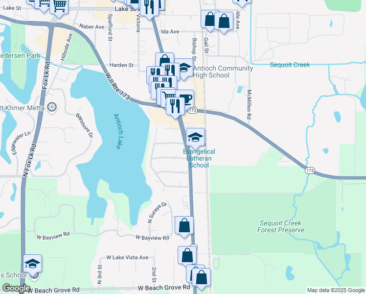 map of restaurants, bars, coffee shops, grocery stores, and more near 311 West Park Terrace in Antioch
