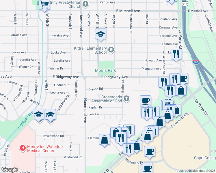 map of restaurants, bars, coffee shops, grocery stores, and more near 1122 Oleson Road in Waterloo