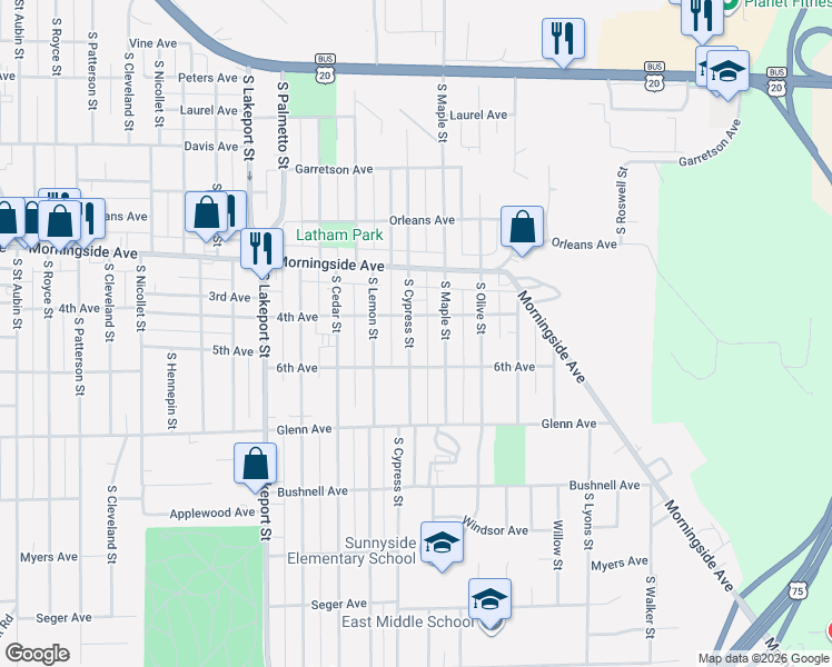 map of restaurants, bars, coffee shops, grocery stores, and more near 2116 South Cypress Street in Sioux City