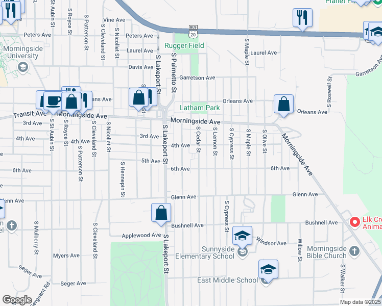 map of restaurants, bars, coffee shops, grocery stores, and more near 2206 South Palmetto Street in Sioux City