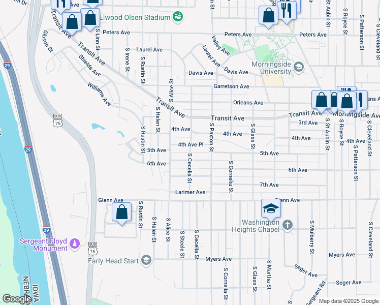 map of restaurants, bars, coffee shops, grocery stores, and more near 2250 South Cecelia Street in Sioux City