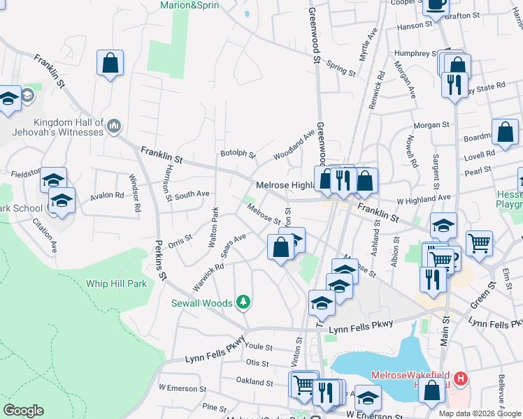 map of restaurants, bars, coffee shops, grocery stores, and more near 26 Garden Street in Melrose