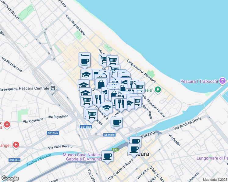 map of restaurants, bars, coffee shops, grocery stores, and more near 91 Via Palermo in Pescara