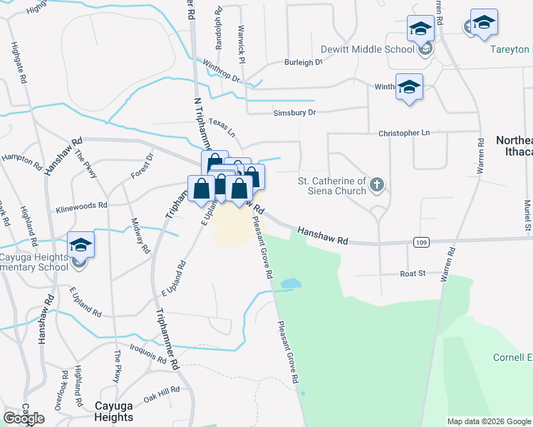 map of restaurants, bars, coffee shops, grocery stores, and more near 1006 Hanshaw Road in Ithaca