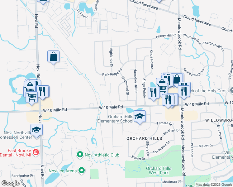 map of restaurants, bars, coffee shops, grocery stores, and more near 24314 Myrtle Court in Novi