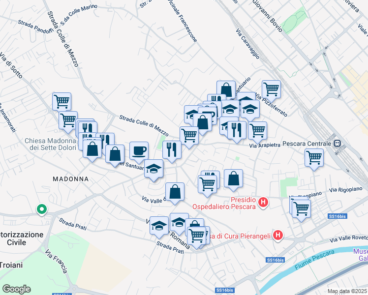 map of restaurants, bars, coffee shops, grocery stores, and more near 8 Via Colle di Vallevona in Pescara