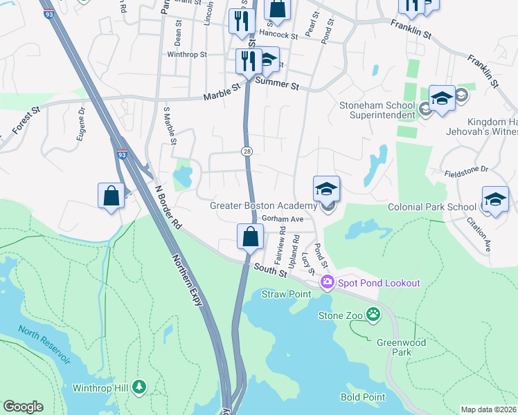 map of restaurants, bars, coffee shops, grocery stores, and more near 590 Main Street in Stoneham