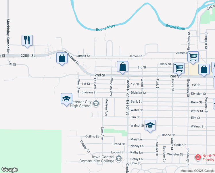 map of restaurants, bars, coffee shops, grocery stores, and more near 1401-1455 Division Street in Webster City