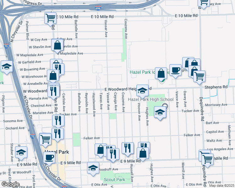 map of restaurants, bars, coffee shops, grocery stores, and more near 23834 Cayuga Avenue in Hazel Park
