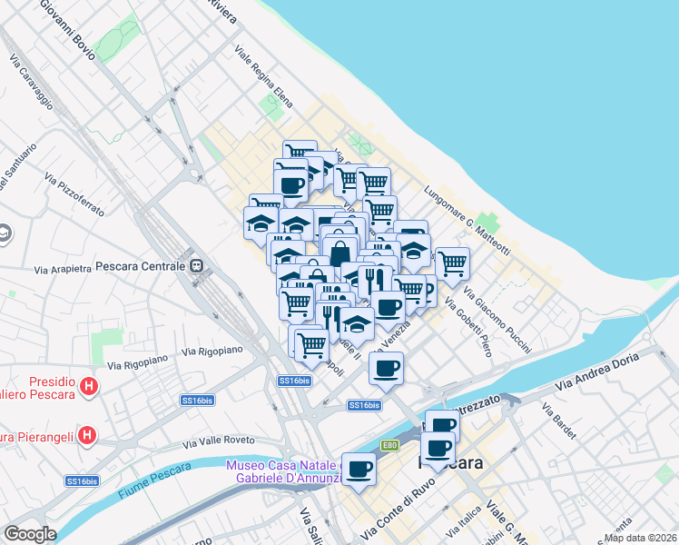 map of restaurants, bars, coffee shops, grocery stores, and more near 153 Via Firenze in Pescara