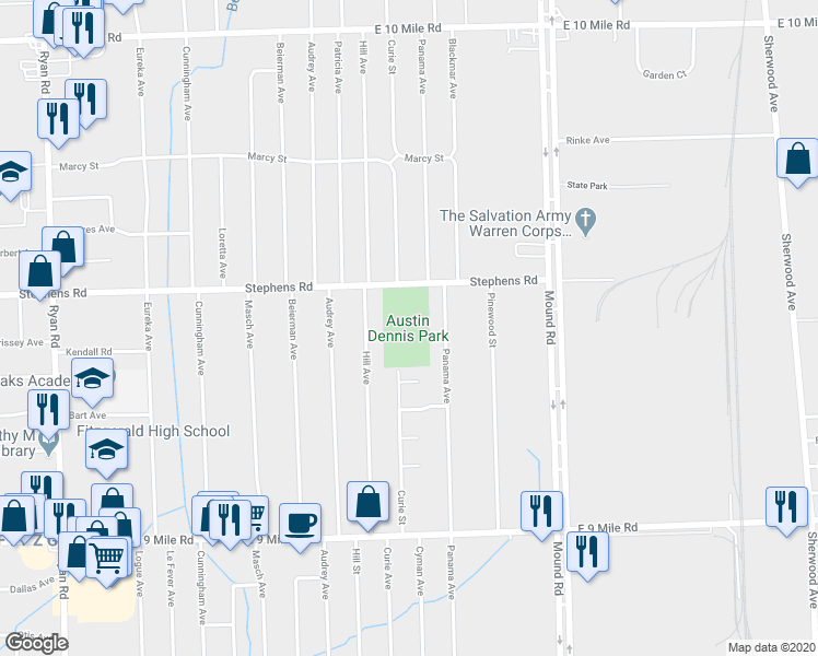map of restaurants, bars, coffee shops, grocery stores, and more near 5200 Stephens Road in Warren