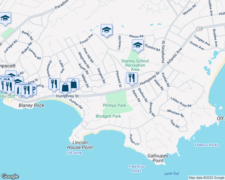map of restaurants, bars, coffee shops, grocery stores, and more near 585 Humphrey Street in Swampscott