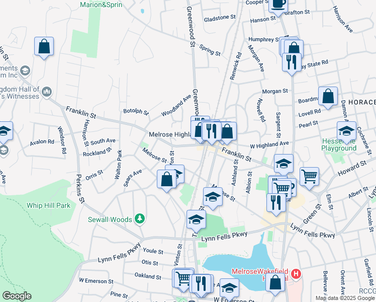 map of restaurants, bars, coffee shops, grocery stores, and more near 19 Belmont Place in Melrose