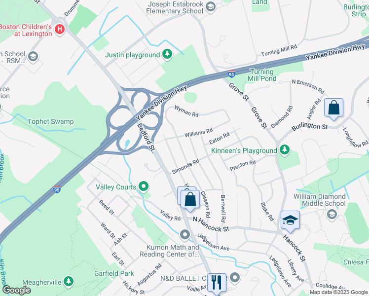 map of restaurants, bars, coffee shops, grocery stores, and more near 90 Gleason Road in Lexington