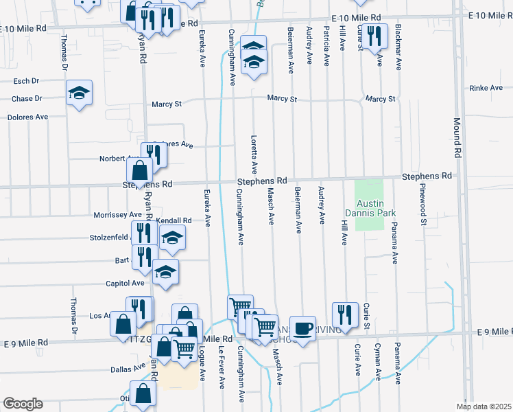 map of restaurants, bars, coffee shops, grocery stores, and more near 23891 Masch Avenue in Warren